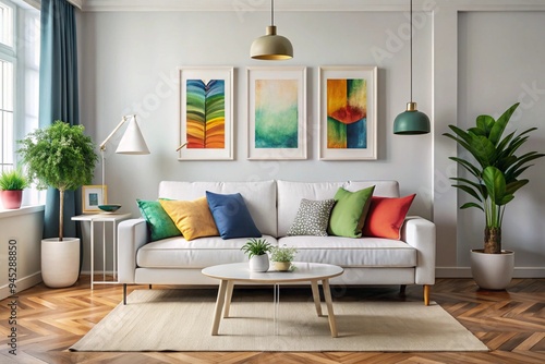 Scandinavian interior design of modern living room, home. Colorful vibrant pillows on white sofa against wall with art poster frame photo