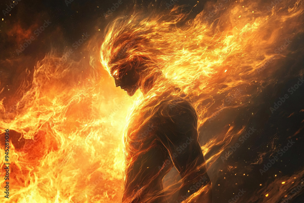 An artistic depiction of a human figure engulfed in bright orange flames symbolizing strength power and transformation in a dark setting. An artistic depiction of a human figure engulfed in bright orange flames symbolizing strength power and transformation in a dark setting.