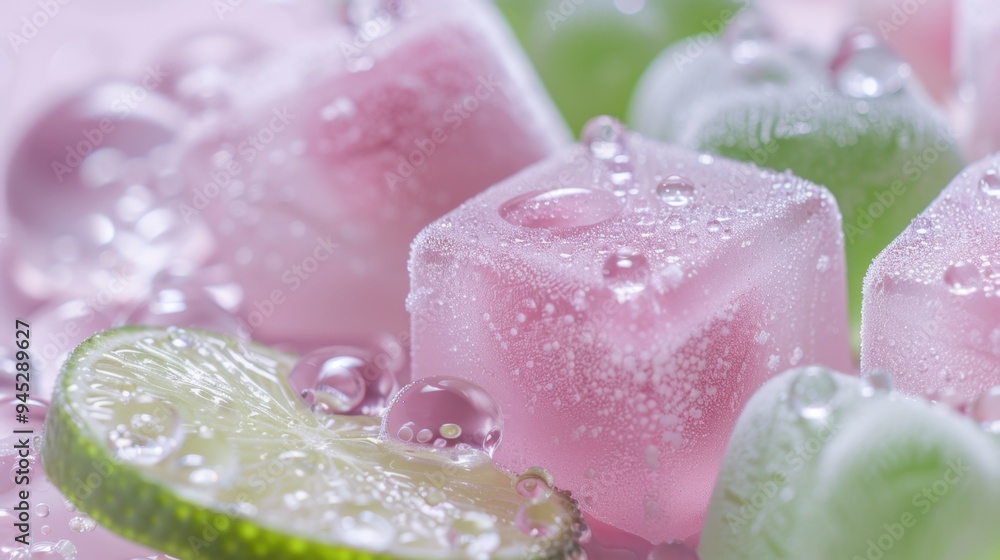 A close-up of pink and green gummy bear ice cubes, with a lime slice and water droplets creating an artistic pattern. A close-up of pink and green gummy bear ice cubes, with a lime slice and water droplets creating an artistic pattern.