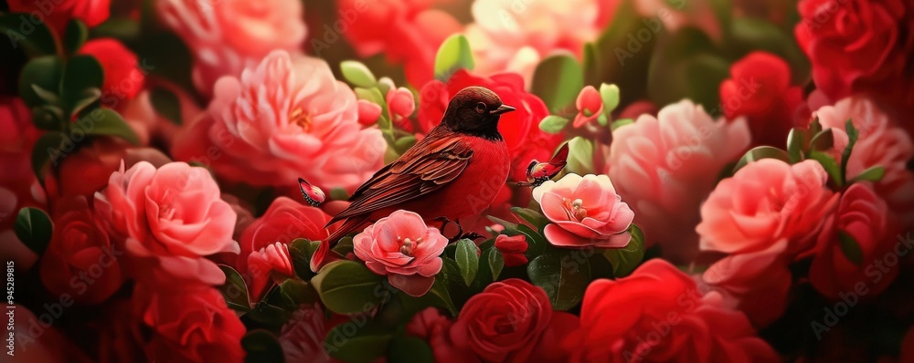 A vibrant bird rests among blooming roses, showcasing nature's beauty and harmony in a colorful floral arrangement. A vibrant bird rests among blooming roses, showcasing nature's beauty and harmony in a colorful floral arrangement.