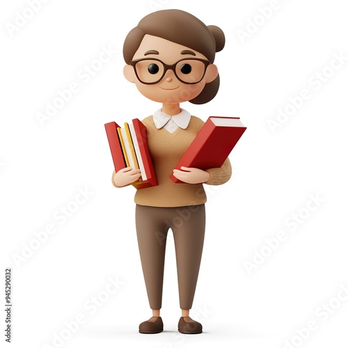 A 3D clipart of a librarian holding books, standing on the right side of the image, with a white background. 