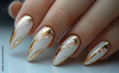 Elegant white and gold nail design featuring intricate patterns and glitterin...