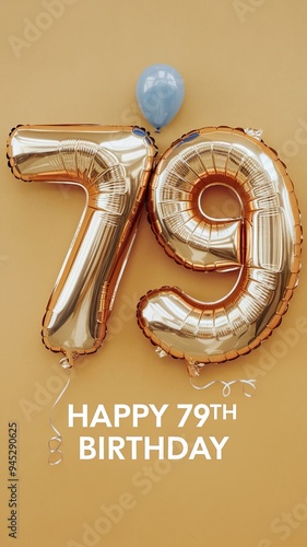 Golden Balloons Celebrating 79th Birthday on Yellow Background photo