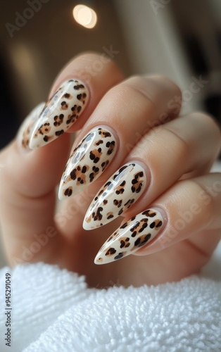Chic leopard print nail design on elegantly manicured hands ready for a fashi...