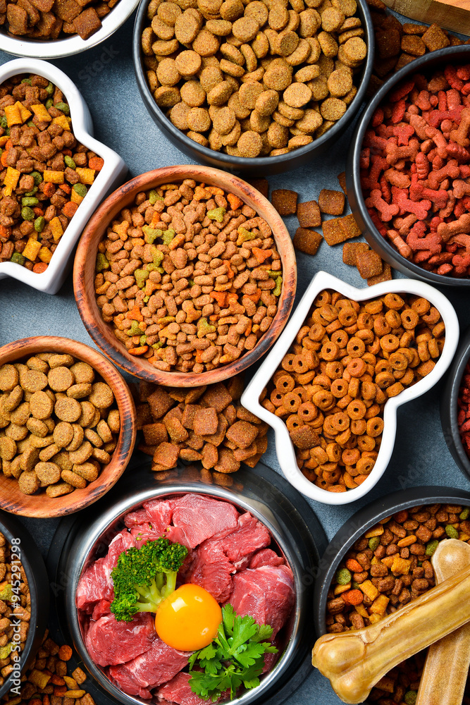 Dry pet food with natural ingredients. Raw meat in a bowl for pets. A set of different fodder and food for dogs or cats. Dry pet food with natural ingredients. Raw meat in a bowl for pets. A set of different fodder and food for dogs or cats.