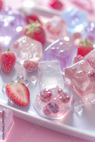 Assorted gummy bear ice cubes, neutral backdrop, berry slices, sparkling with water droplets, offering a delightful and colorful presentation.