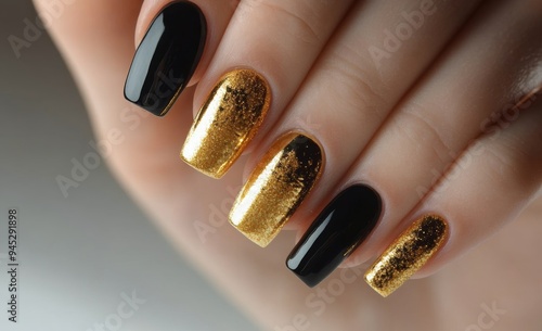 Elegant black and gold nail art design showcasing intricate details and creat...