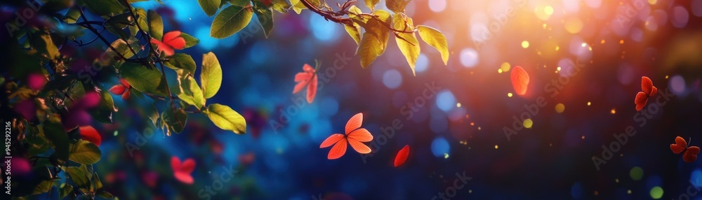 A vibrant scene of colorful butterflies fluttering among lush leaves, illuminated by soft sunlight, creating a serene atmosphere. A vibrant scene of colorful butterflies fluttering among lush leaves, illuminated by soft sunlight, creating a serene atmosphere.