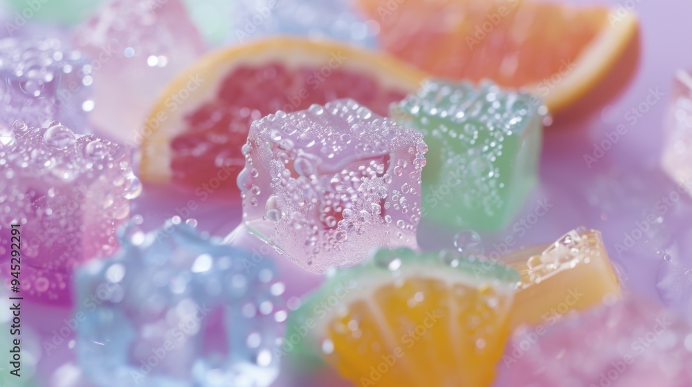 Assorted gummy bear ice cubes, plain setting, tropical fruit slices, adorned with water droplets, evoking a tropical and festive atmosphere. Assorted gummy bear ice cubes, plain setting, tropical fruit slices, adorned with water droplets, evoking a tropical and festive atmosphere.