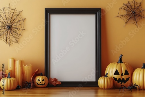 A festive autumn display featuring pumpkins and spooky decorations against an...