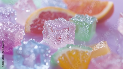 Assorted gummy bear ice cubes, plain setting, tropical fruit slices, adorned with water droplets, evoking a tropical and festive atmosphere.