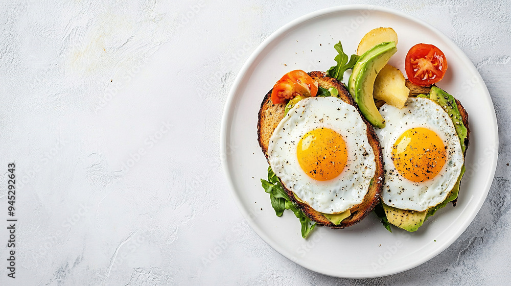 Fried egg and avocado toast on a white plate in food photography concept. Breakfast meal idea, healthy food. Fried egg and avocado toast on a white plate in food photography concept. Breakfast meal idea, healthy food.
