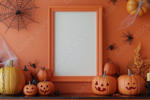 A festive autumn display featuring pumpkins and spooky decorations against an...