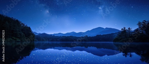 Tranquil Night Sky Blanketing Serene Lake with a Canopy of Stars photo