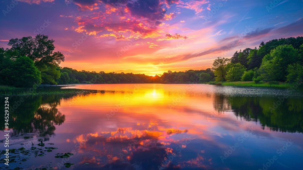 Stunning Sunset Over a Calm Lake, Vibrant Reflections on Water, Surrounded by Lush Greenery and Silhouetted Trees Stunning Sunset Over a Calm Lake, Vibrant Reflections on Water, Surrounded by Lush Greenery and Silhouetted Trees