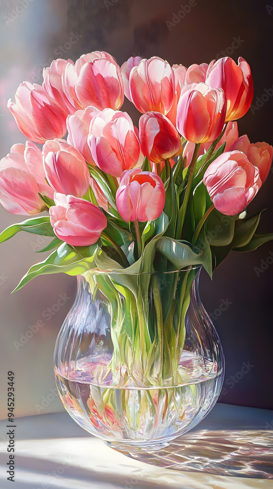 A large bouquet of pink tulips with white tips sits in a clear glass vase, casting a shadow on a white surface. A large bouquet of pink tulips with white tips sits in a clear glass vase, casting a shadow on a white surface.