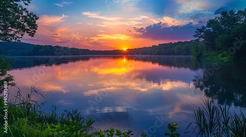 Stunning Sunset Over a Calm Lake, Vibrant Reflections on Water, Surrounded by Lush Greenery and Silhouetted Trees photo