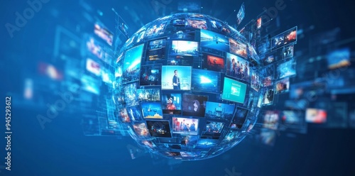 An abstract blue background shows a variety of digital life style screens connected to blogging and streaming