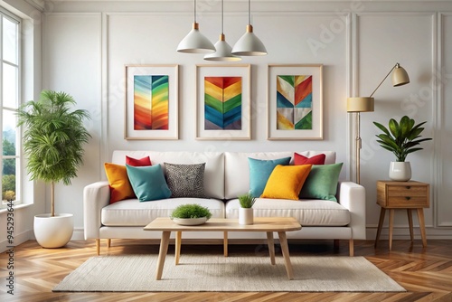 Scandinavian interior design of modern living room, home. Colorful vibrant pillows on white sofa against wall with art poster frame photo