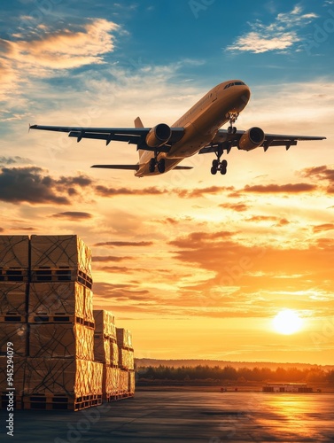 An aircraft ascends against a vibrant sunset, showcasing cargo boxes below, representing air freight and transportation.