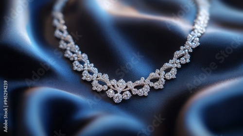 A necklace with diamonds is on a blue cloth