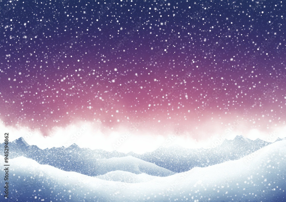 Fototapeta premium Snowfall over rolling hills at dusk with a vibrant purple sky and soft illumination