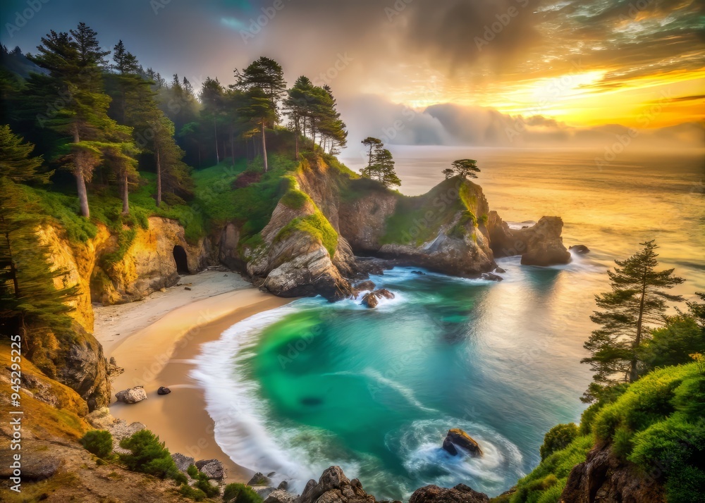 Dramatic serene misty morning McWay Falls in June with golden softbox lighting filtering through foggy atmosphere and lush greenery surrounding the 80-foot waterfall's misty veil Dramatic serene misty morning McWay Falls in June with golden softbox lighting filtering through foggy atmosphere and lush greenery surrounding the 80-foot waterfall's misty veil