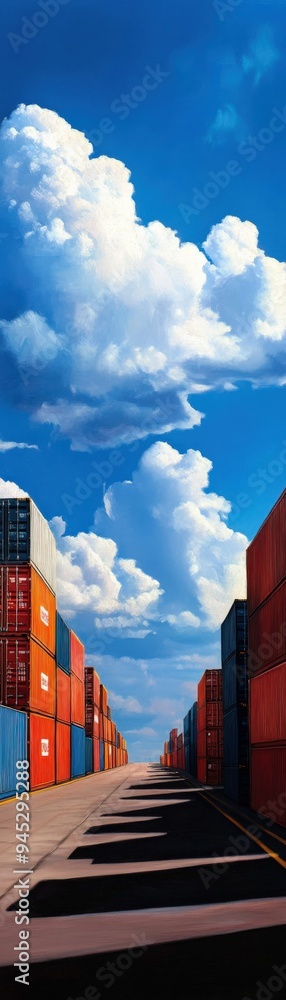 Fototapeta premium Colorful shipping containers stacked under a bright blue sky with fluffy clouds, showcasing a vibrant and industrial landscape.