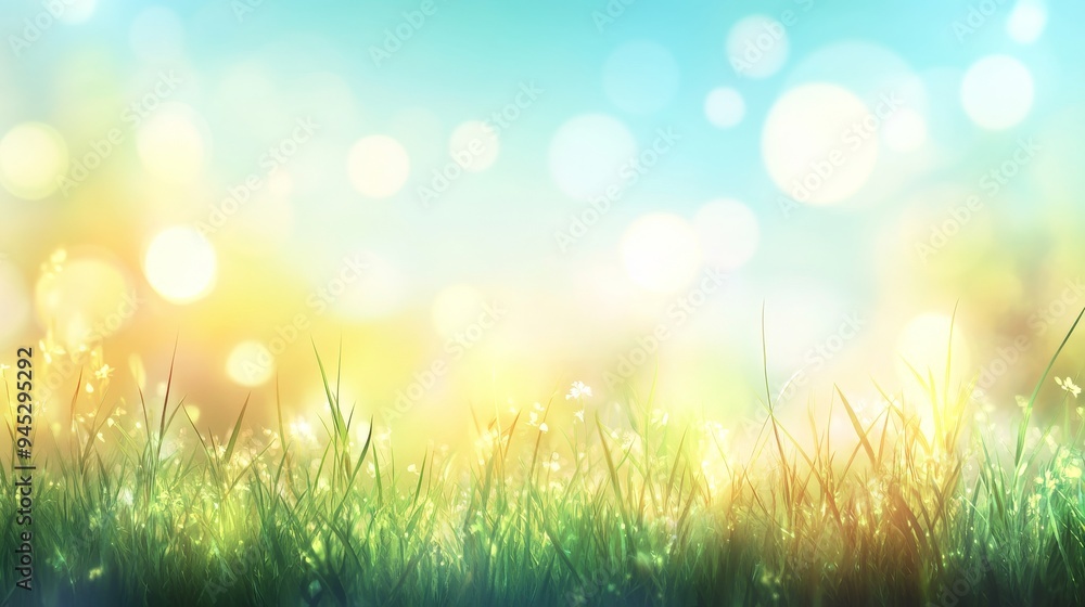 This is an abstract background with light bokeh and space for text. It depicts a sunny spring meadow with green grass and blue sky.