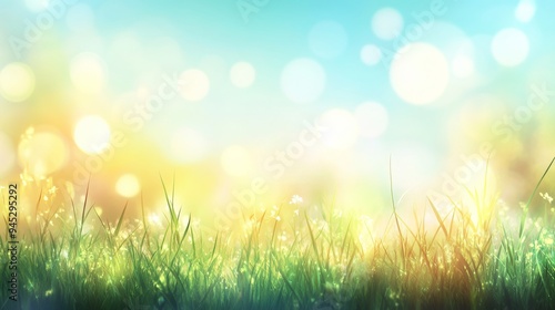 This is an abstract background with light bokeh and space for text. It depicts a sunny spring meadow with green grass and blue sky.