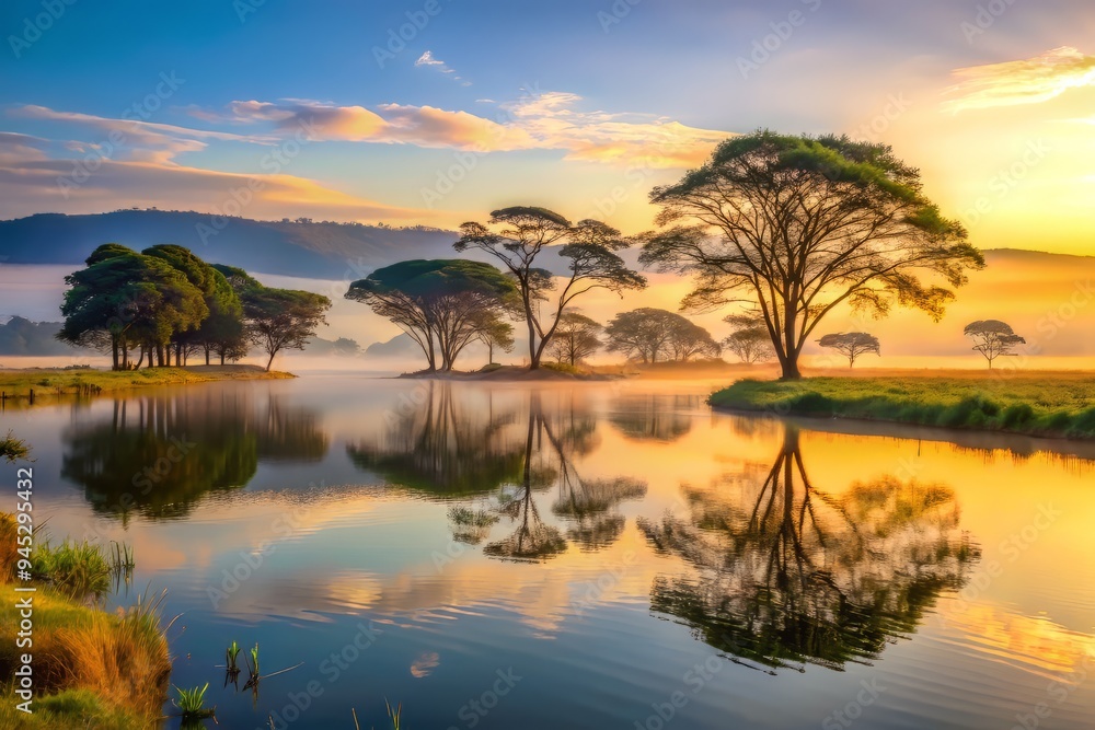 Silvery morning mist hugs the lake's tranquil surface as the first light of dawn creeps over the rolling hills and towering Acacia trees in a peaceful atmosphere. Silvery morning mist hugs the lake's tranquil surface as the first light of dawn creeps over the rolling hills and towering Acacia trees in a peaceful atmosphere.