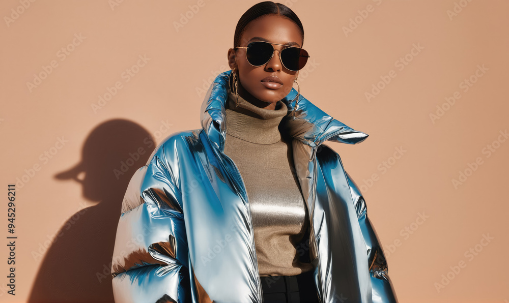 A woman in a silver puffer jacket and sunglasses stands against a pale peach wall A woman in a silver puffer jacket and sunglasses stands against a pale peach wall