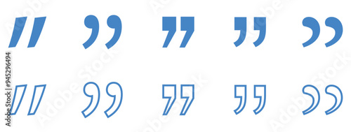 set of blue quote mark symbol. quotes vector set. quotation marks and speech bubbles outline set. inverted commas, talking marks, and quote icons collection. vector illustration