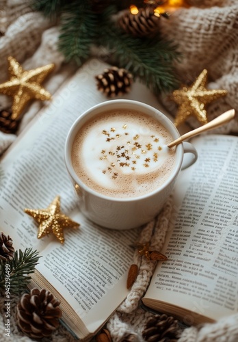 Cozy coffee cup with holiday decorations and a book on a warm knit blanket du...