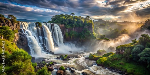 kalambo falls morning majesty powerful rushing water misty veil majestic rugged cliffs lush greenery high contrast dramatic lighting heroic epic landscape grandeur photo