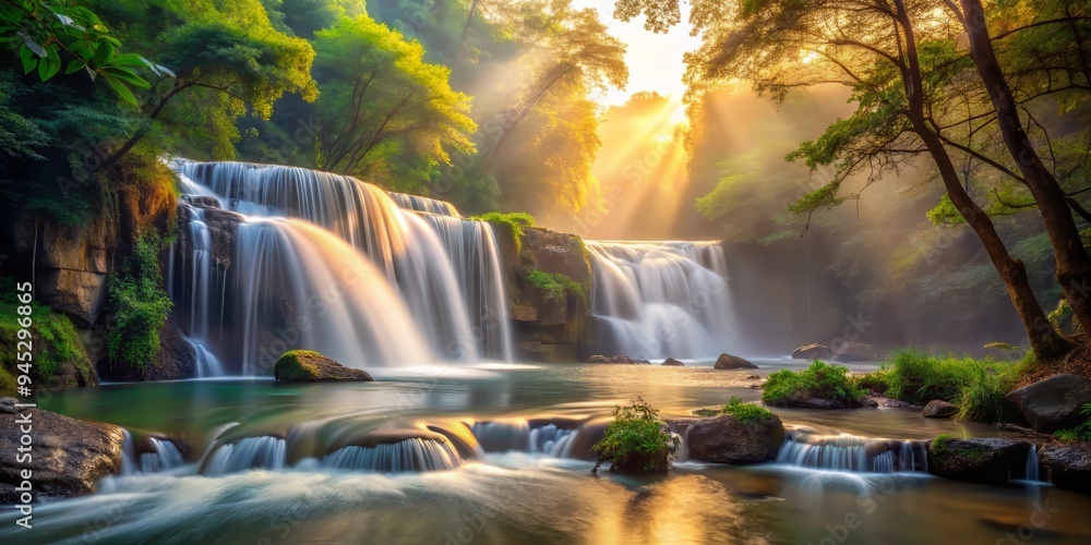 serene afternoon sun warm misty air gentle waterfall subtle motion blur peaceful ambiance serene afternoon sun warm misty air gentle waterfall subtle motion blur peaceful ambiance