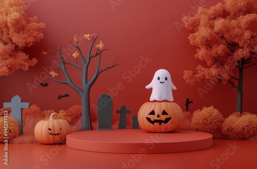 Festive Halloween display with pumpkins, ghost figure, and eerie decorations ...