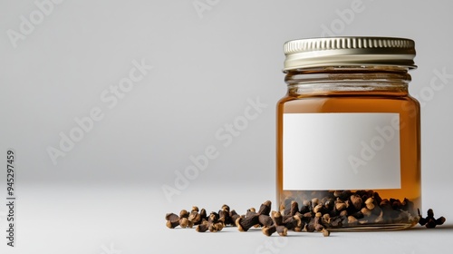 A glass bottle of cloves with a white label on it on a white background  photo