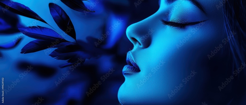 Surreal Dreamlike Face with Dark Leaves in Blue Tones Symbolizing Calmness and Reflection Surreal Dreamlike Face with Dark Leaves in Blue Tones Symbolizing Calmness and Reflection