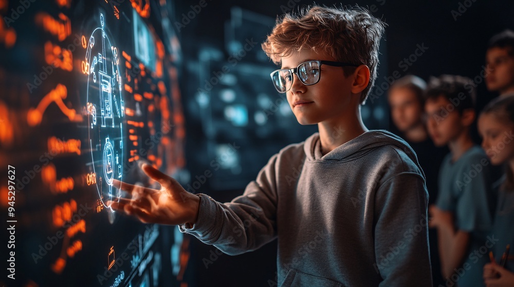 Teacher using a 3D hologram to explain complex engineering principles to college students Stock Photo with copy space Teacher using a 3D hologram to explain complex engineering principles to college students Stock Photo with copy space