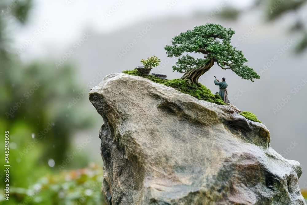 A miniature figure tending a bonsai tree on a rocky outcrop, capturing the essence of nature and artistry in a tranquil setting. A miniature figure tending a bonsai tree on a rocky outcrop, capturing the essence of nature and artistry in a tranquil setting.