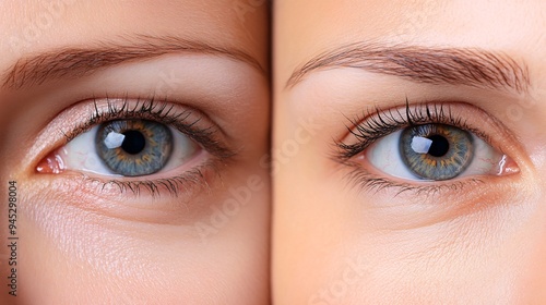 A close-up of a womanâ€™s eyes, showing the before and after effects of eyelid surgery, with the left side displaying excess skin and the right side a more open, youthful look photo