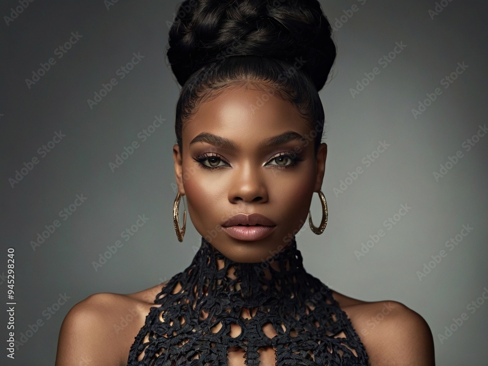 Fashion Portrait of African American Woman in High Fashion Attire, Stylish and Graceful Representation of High-End Clothing, Emphasizing Modern Elegance and Fashionable Trends Fashion Portrait of African American Woman in High Fashion Attire, Stylish and Graceful Representation of High-End Clothing, Emphasizing Modern Elegance and Fashionable Trends