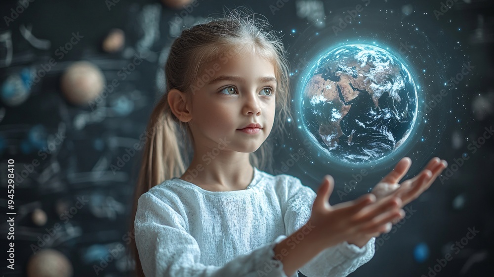 Naklejka premium Teacher showing a 3D hologram of the Earths layers in a geology class for better understanding Stock Photo with copy space