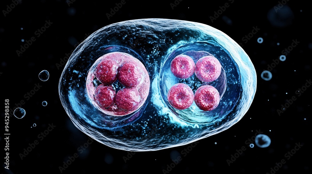 A 3D illustration of a cell undergoing mitosis, with chromosomes ...