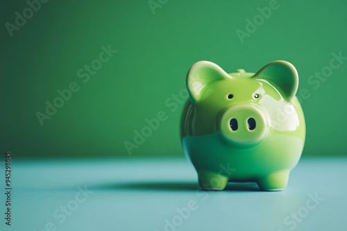 A bright green piggy bank on a smooth blue surface with a matching green background creating a playful vibe
