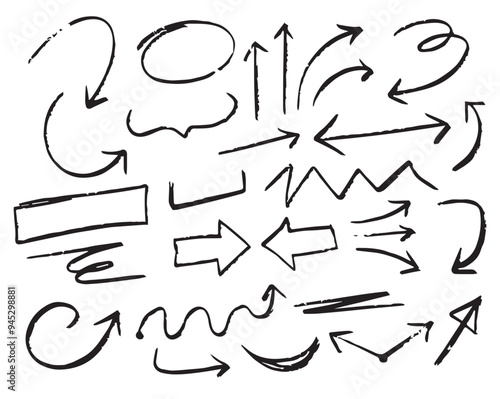 Charcoal scribble stripes, emphasis arrows, handdrawn numbers. Chalk crayon or marker doodle rouge handdrawn scratches. Vector illustration of lines, waves, squiggles in marker sketch style