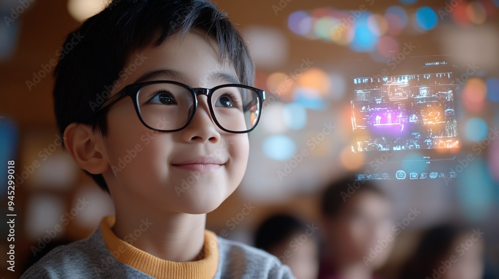 Asian students using 3D holograms to visualize historical events in a social studies class Stock Photo with copy space Asian students using 3D holograms to visualize historical events in a social studies class Stock Photo with copy space