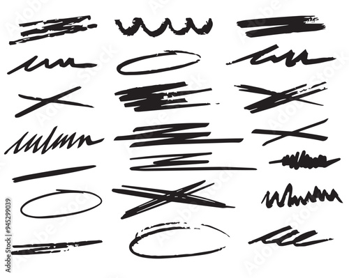 Charcoal scribble stripes, emphasis arrows, handdrawn numbers. Chalk crayon or marker doodle rouge handdrawn scratches. Vector illustration of lines, waves, squiggles in marker sketch style