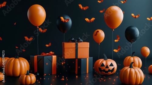 Decorative Halloween setup with pumpkins, balloons, and a gift box in a festi...